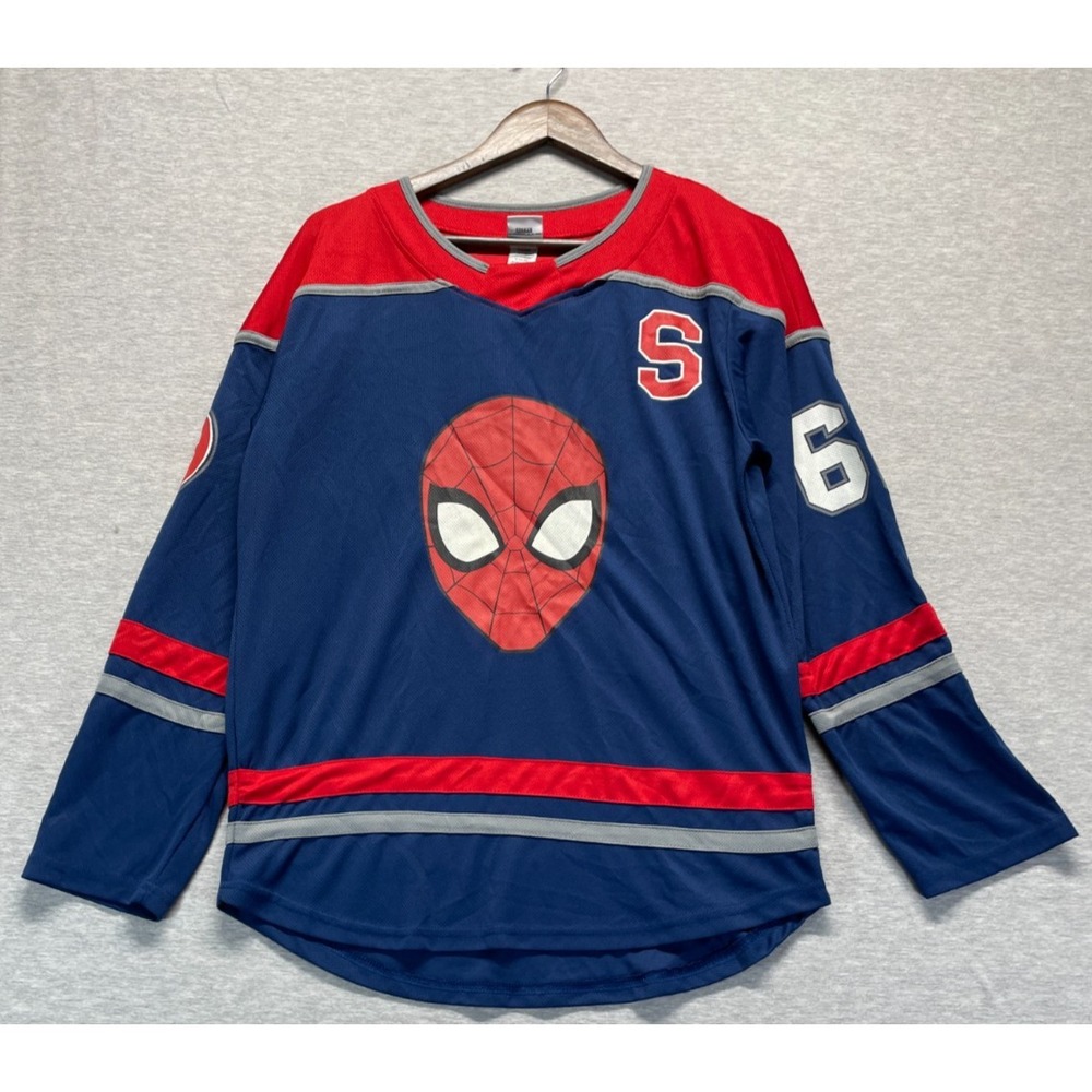 Marvel Spider-Man 62 Hockey Jersey Mens S (34-36) Navy Red Graphic Mesh Pullover